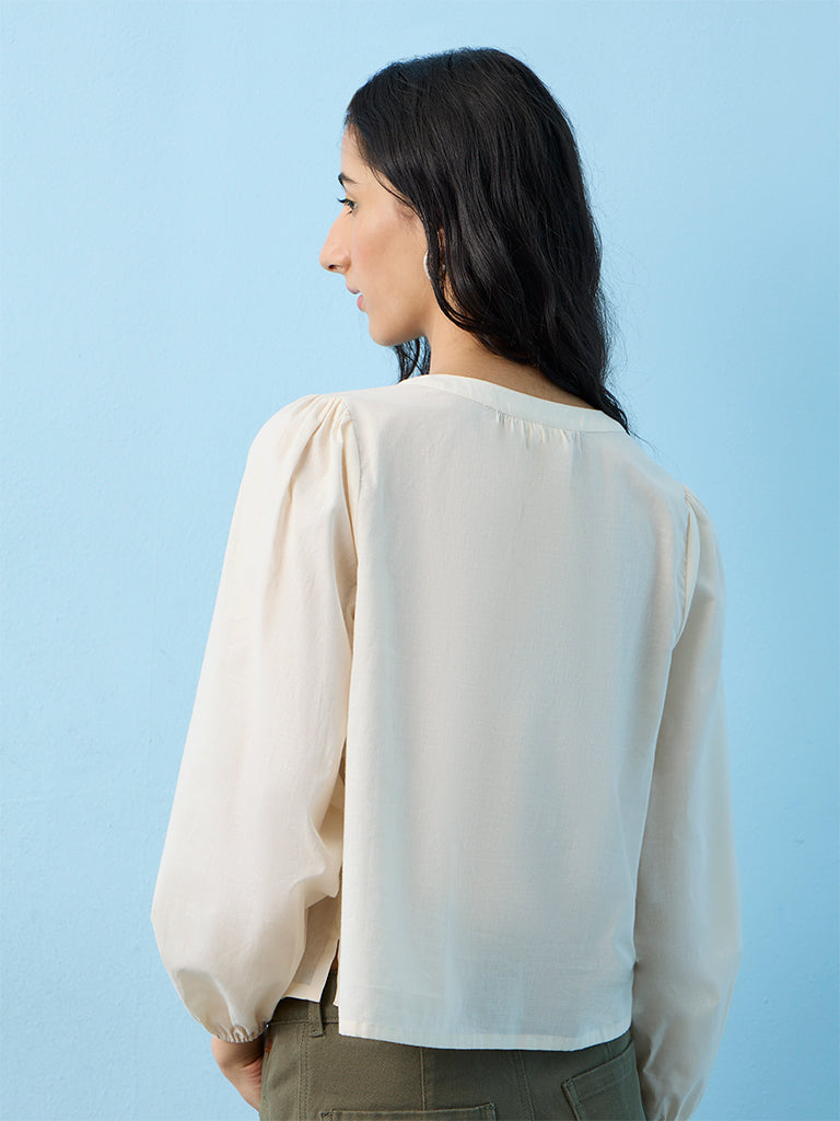 Bombay Paisley White Floral Embroidered Cotton Blouse