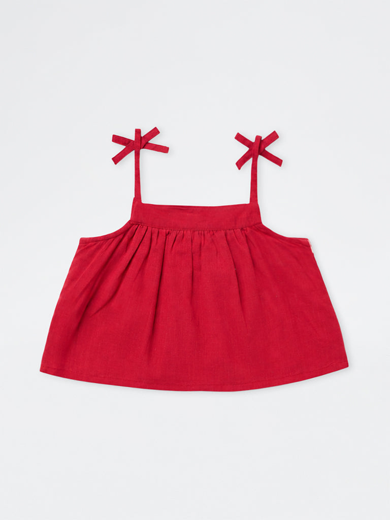 Utsa Kids Girls Red Floral Embroidered Cotton Top - (2-8 yrs)