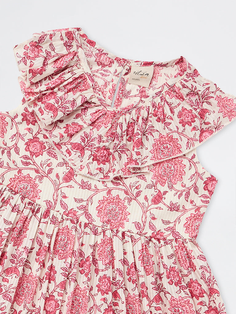 Utsa Kids Girls Pink Floral Printed Cotton A-Line Dress - (8 - 14 yrs)