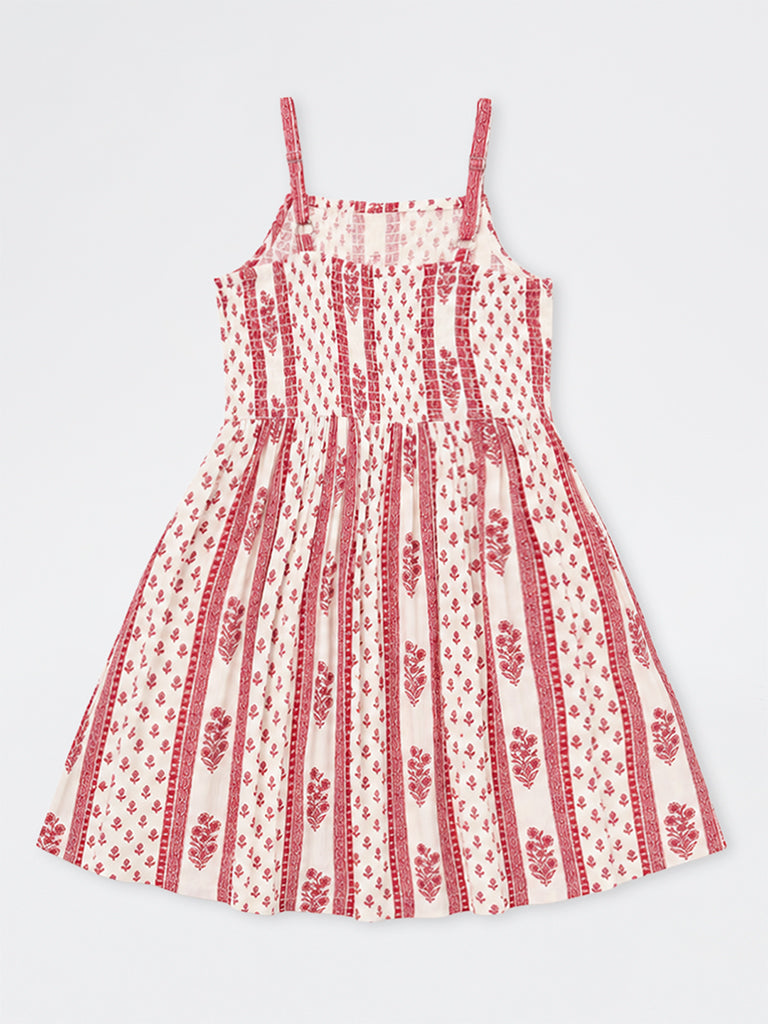Utsa Kids Girls Off-White Striped Floral Printed A-Line Dress - (2 - 8 yrs)
