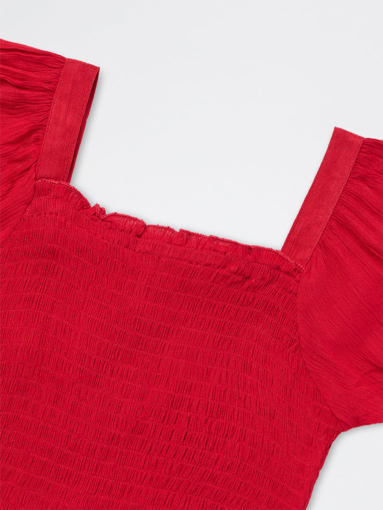 Utsa Kids Girls Red Smocked Top - (8 - 14 yrs)