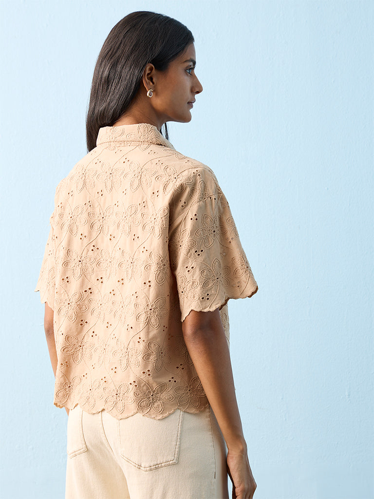 LOV Light Beige Floral Embroidered Cotton Shirt