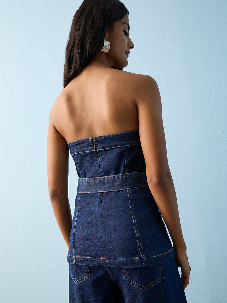 LOV Dark Blue Off-Shoulder Denim Top with Belt