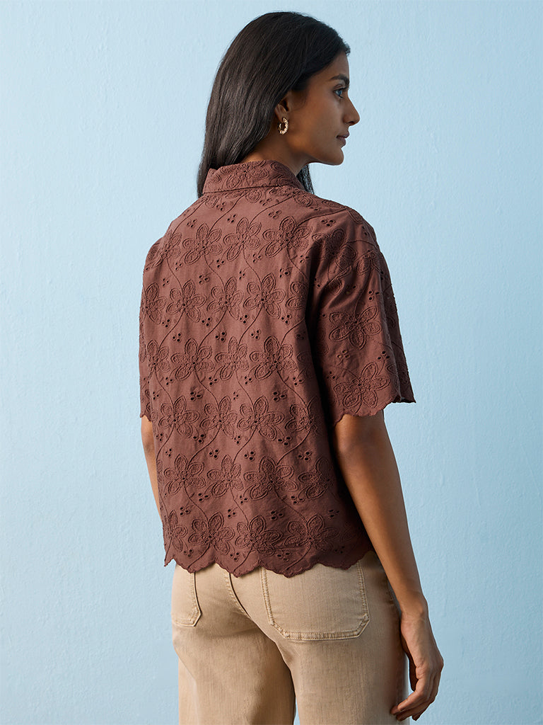 LOV Dark Brown Floral Embroidered Cotton Shirt