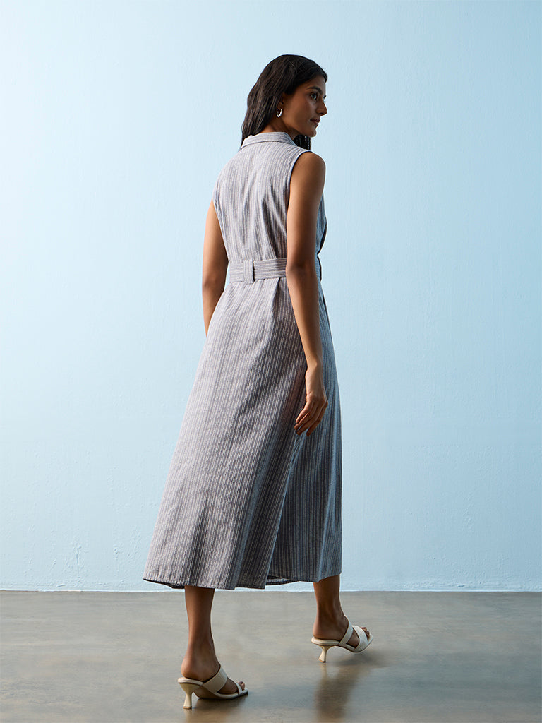 LOV Blue Striped Cotton-Blend Shirt Dress with Belt