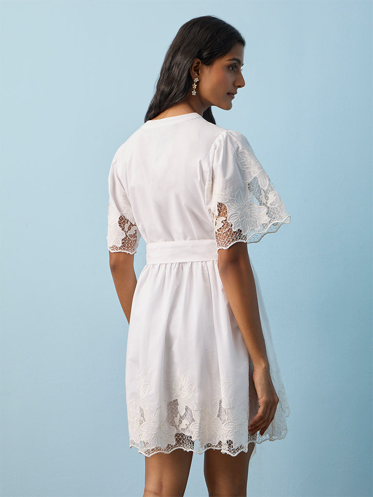 LOV White Floral Embroidered Cotton A-Line Dress