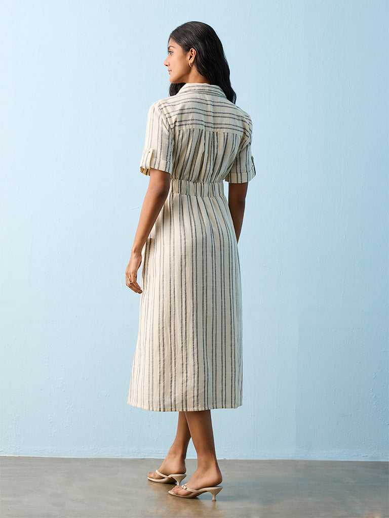 LOV Off-White Striped Cotton Shirt Dress