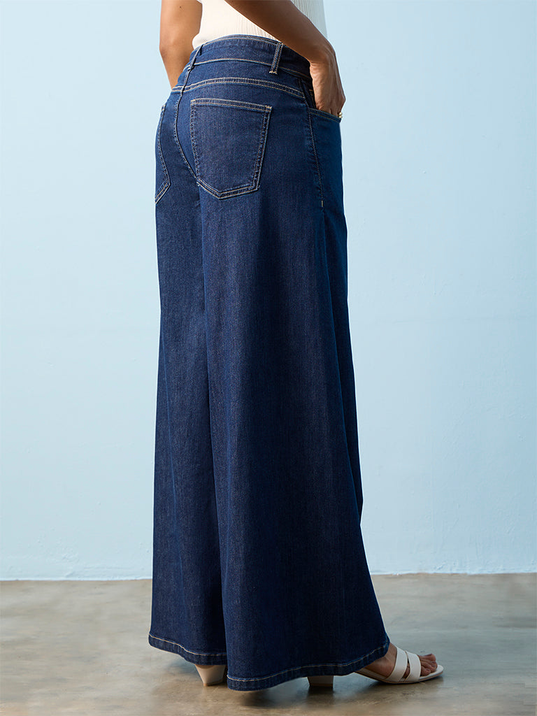 LOV Dark Blue Wide-Leg High-Rise Jeans with Belt