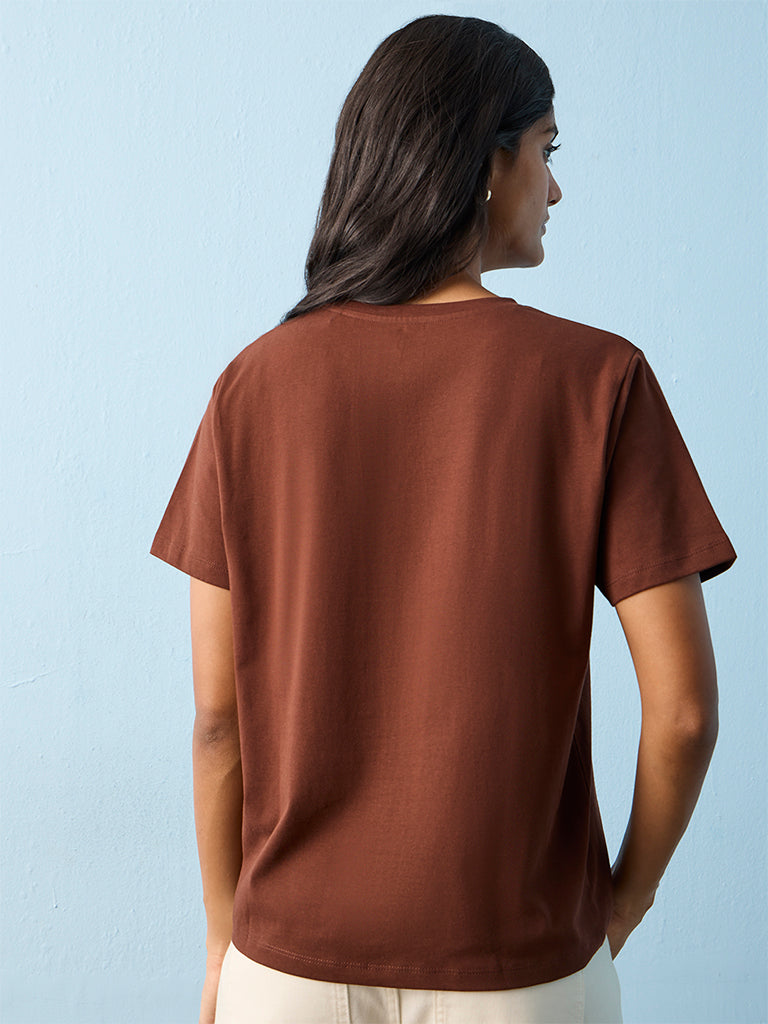 LOV Brown Printed Cotton T-Shirt