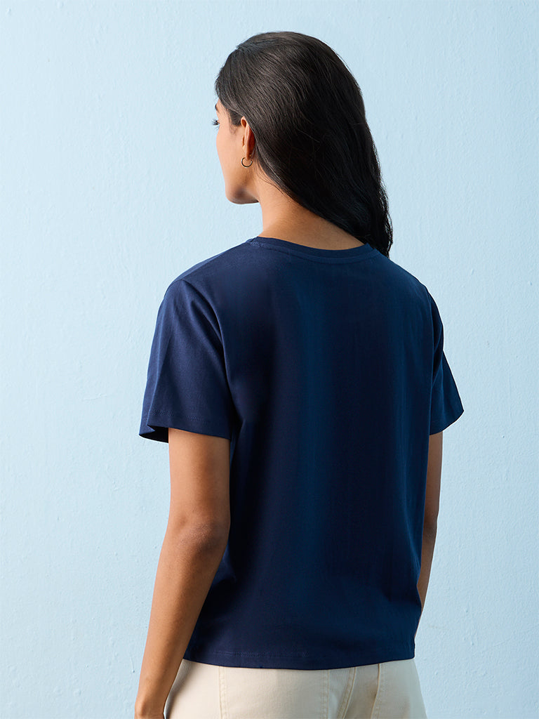 LOV Navy Printed Cotton T-Shirt