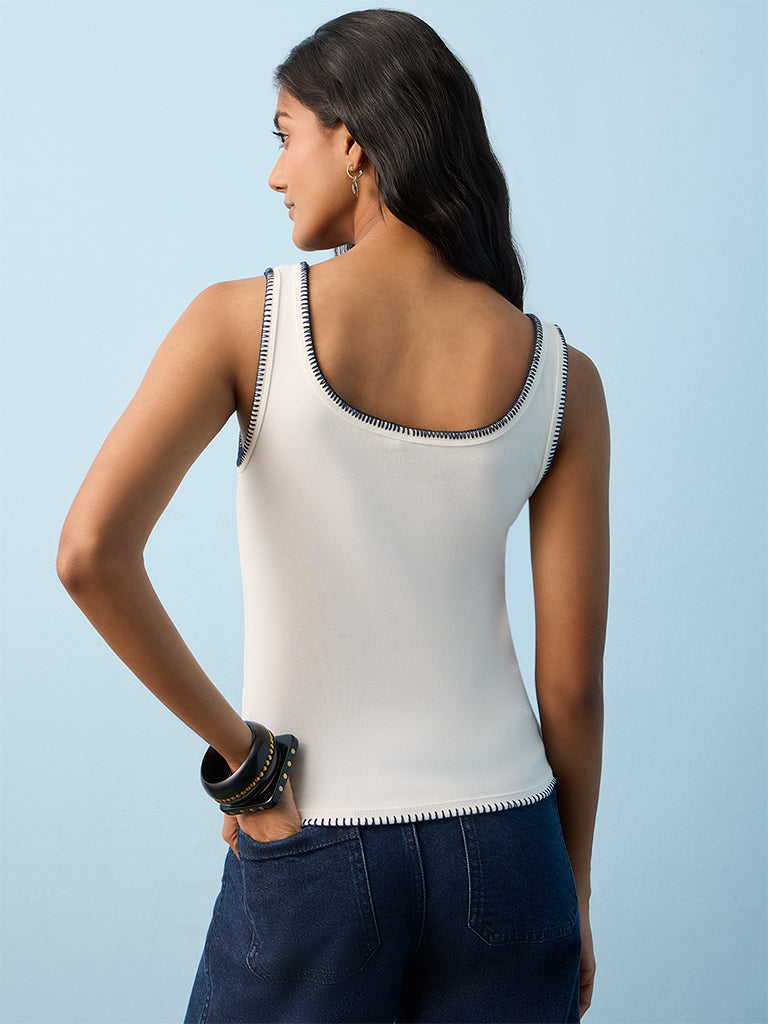 LOV Off-White Embroidered Cotton-Blend Tank Top