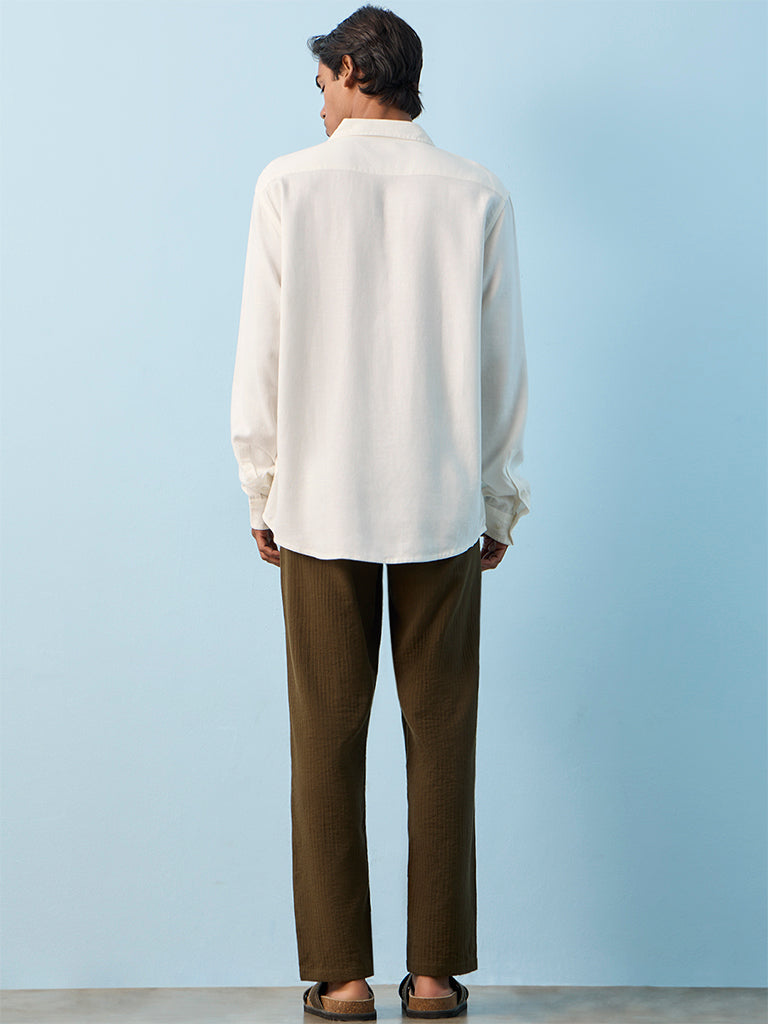 ETA Dark Olive Self-Striped Relaxed-Fit Mid-Rise Cotton Pants