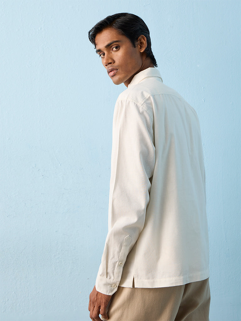 ETA Off White Floral Embroidered Relaxed-Fit Cotton Shirt
