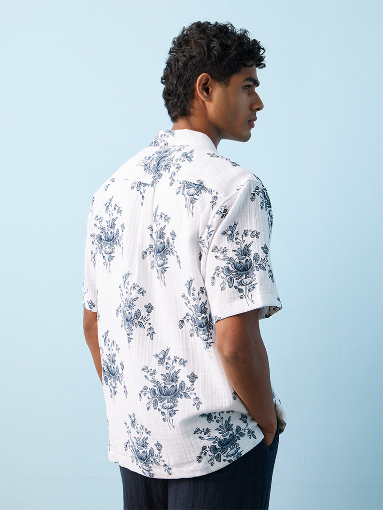 ETA Off-White Floral Pattern Relaxed-Fit Cotton Shirt
