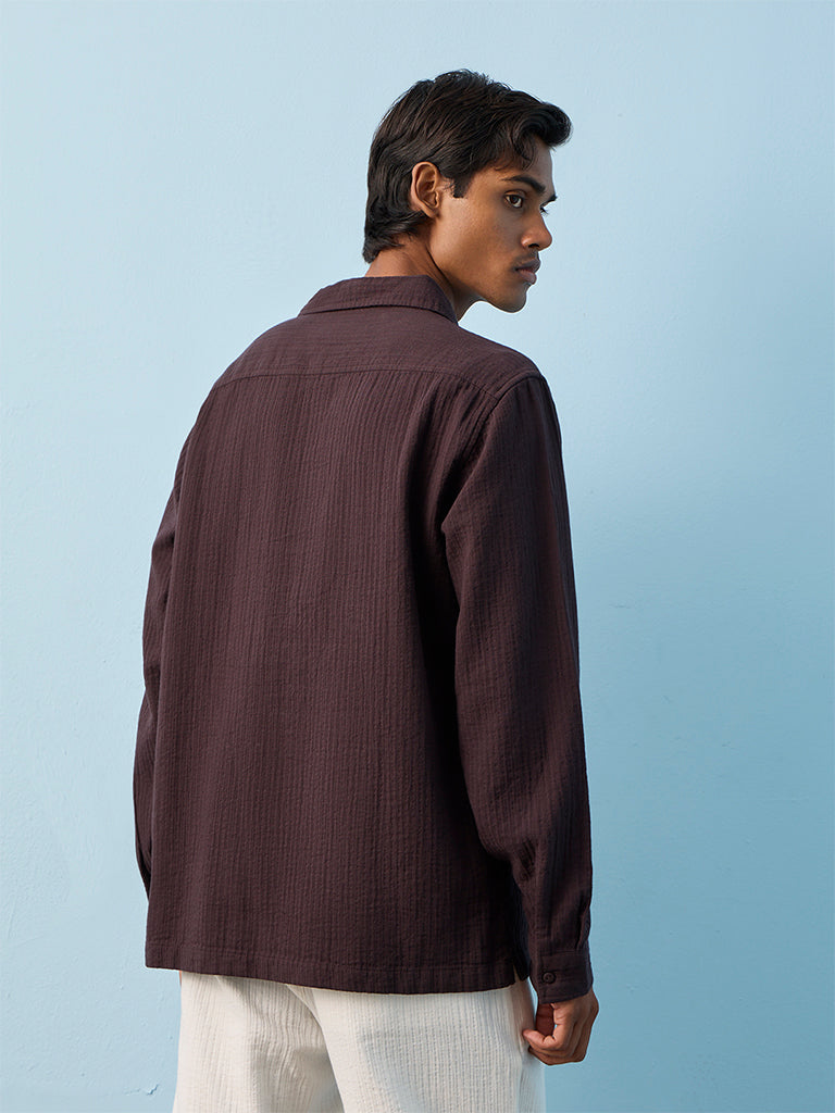 ETA Dark Purple Self-Striped Relaxed-Fit Cotton Shirt