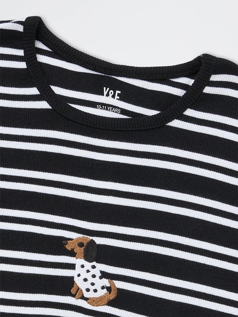 Girls Black Striped Cotton-Blend T-Shirt