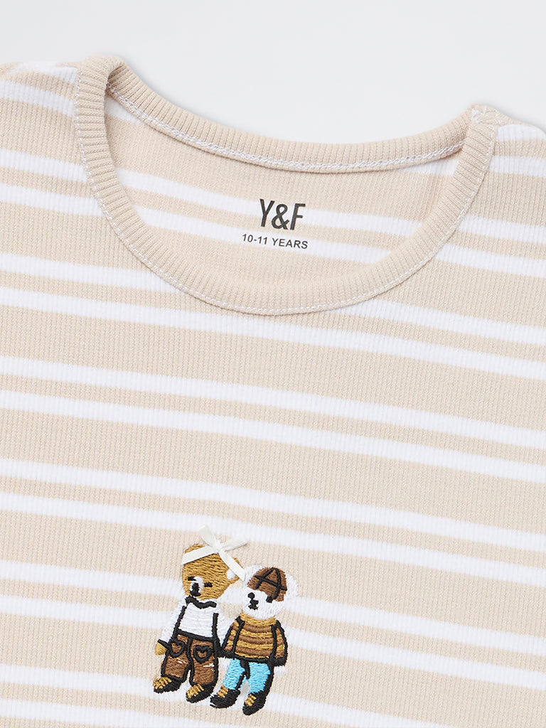 Girls Beige Striped Cotton-Blend T-Shirt