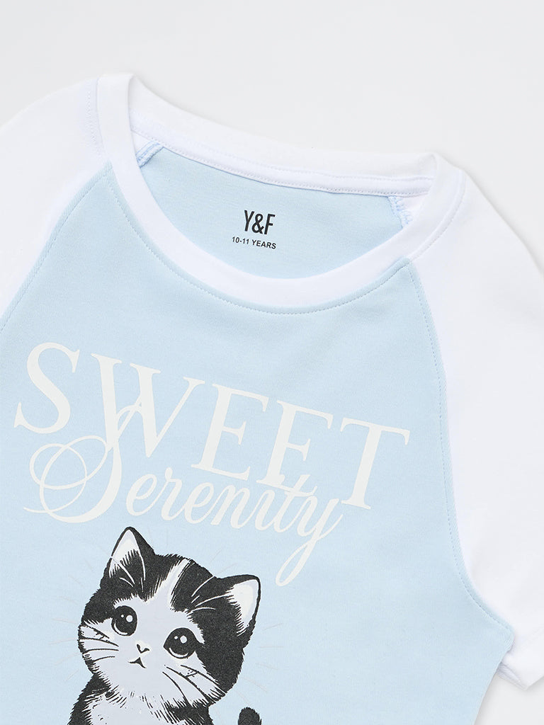 Girls Light Blue Kitten Printed Cotton-Blend Top