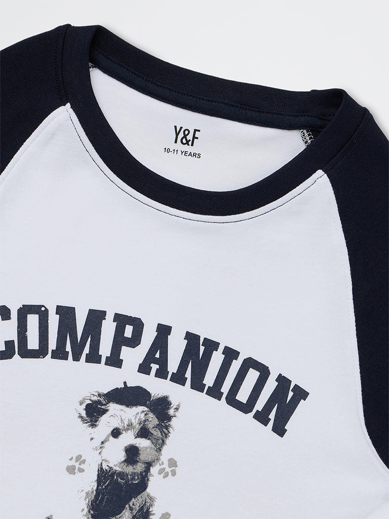 Girls White Printed Cotton-Blend T-Shirt