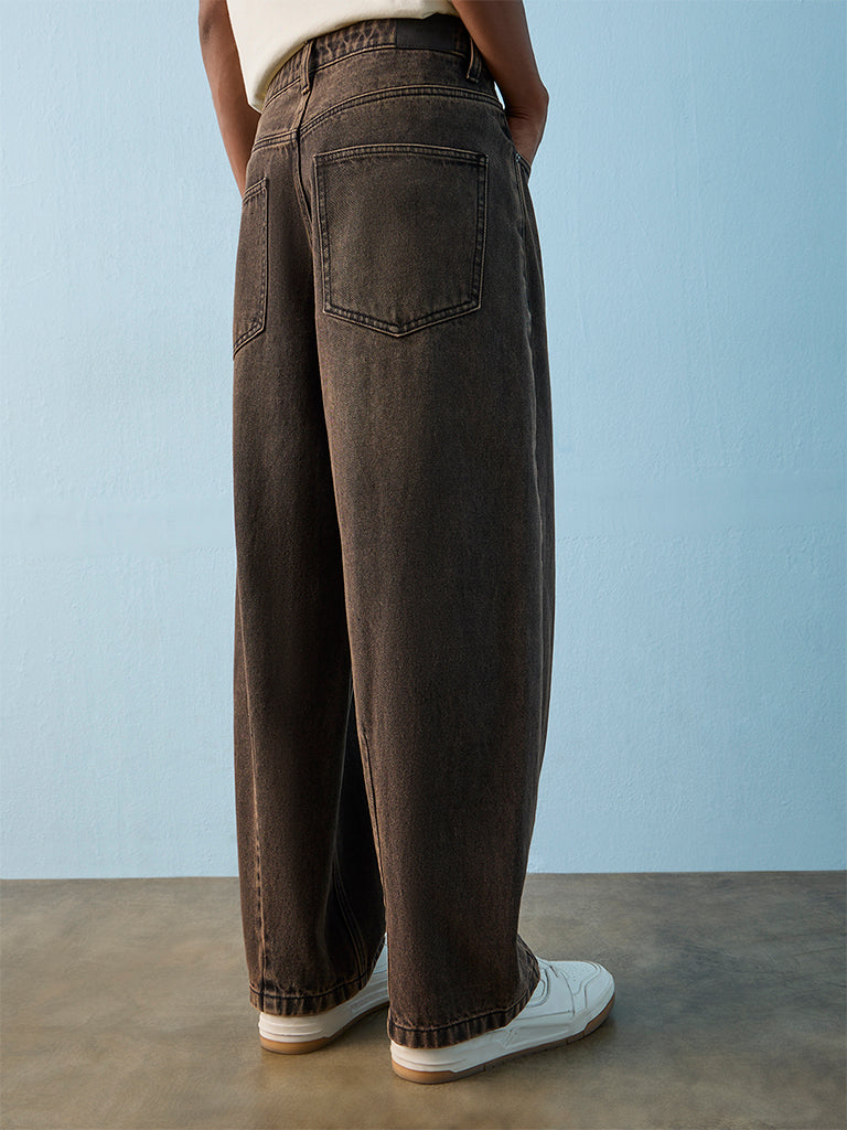 Nuon Brown Washed Straight-Fit Mid-Rise Jeans