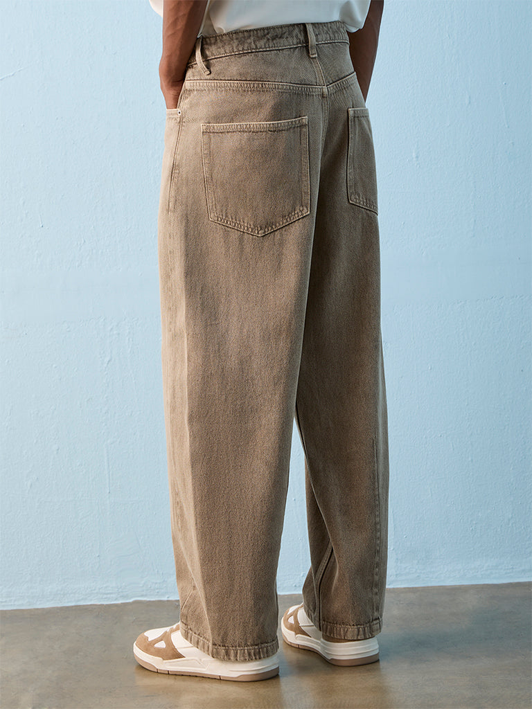 Nuon Taupe Barrel-Fit Mid-Rise Jeans