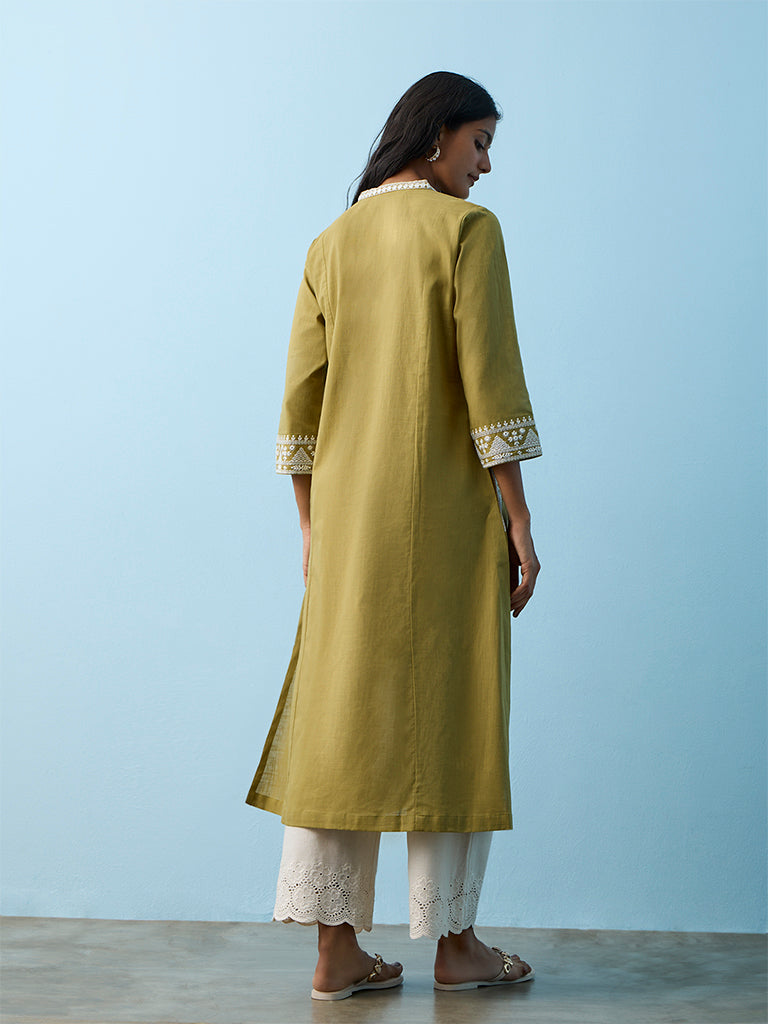 Utsa Green Embroidered Cotton A-Line Kurta