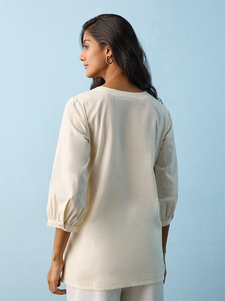 Utsa Off-White Floral Embroidered Cotton-Blend Tunic