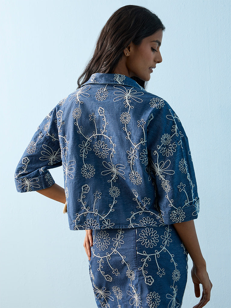 LOV Blue Floral Embroidered Denim Shirt