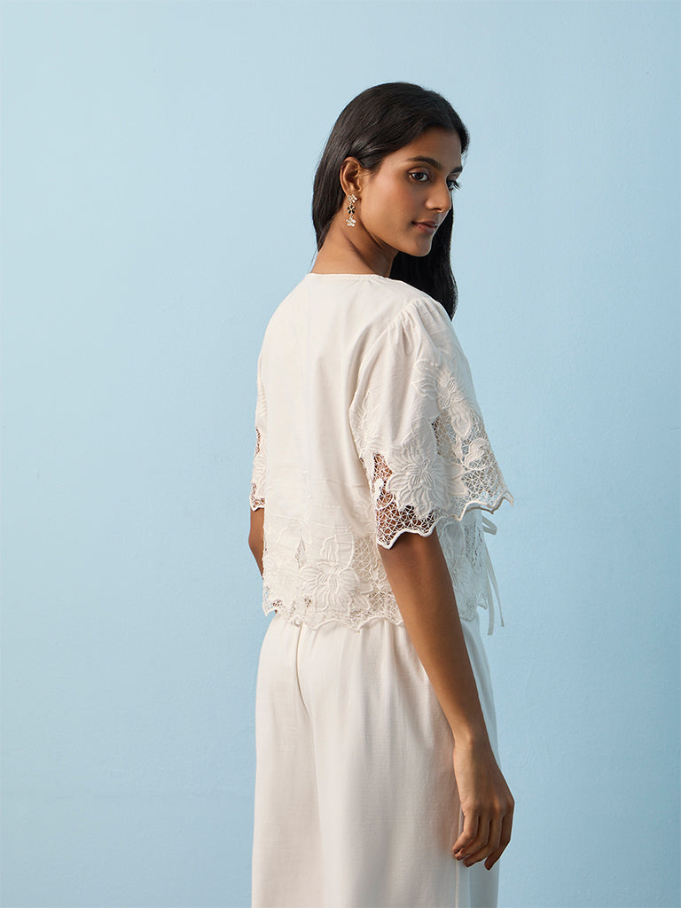 LOV White Floral Embroidered Tie-Up Cotton Top
