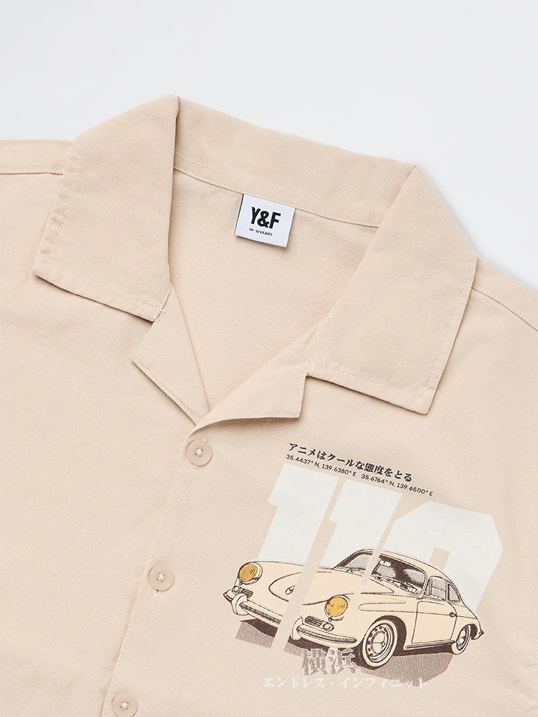 Boys Light Beige Graphic Printed Cotton Shirt