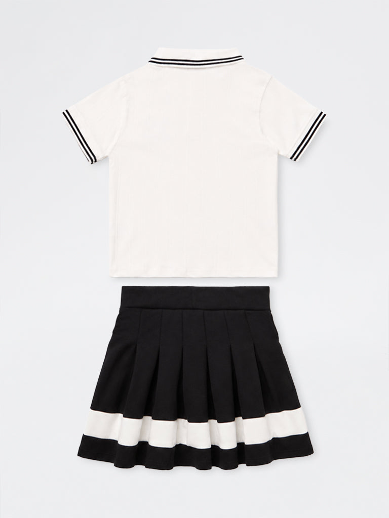 Girls White Text-Detail Cotton Polo T-Shirt and Skirt Set