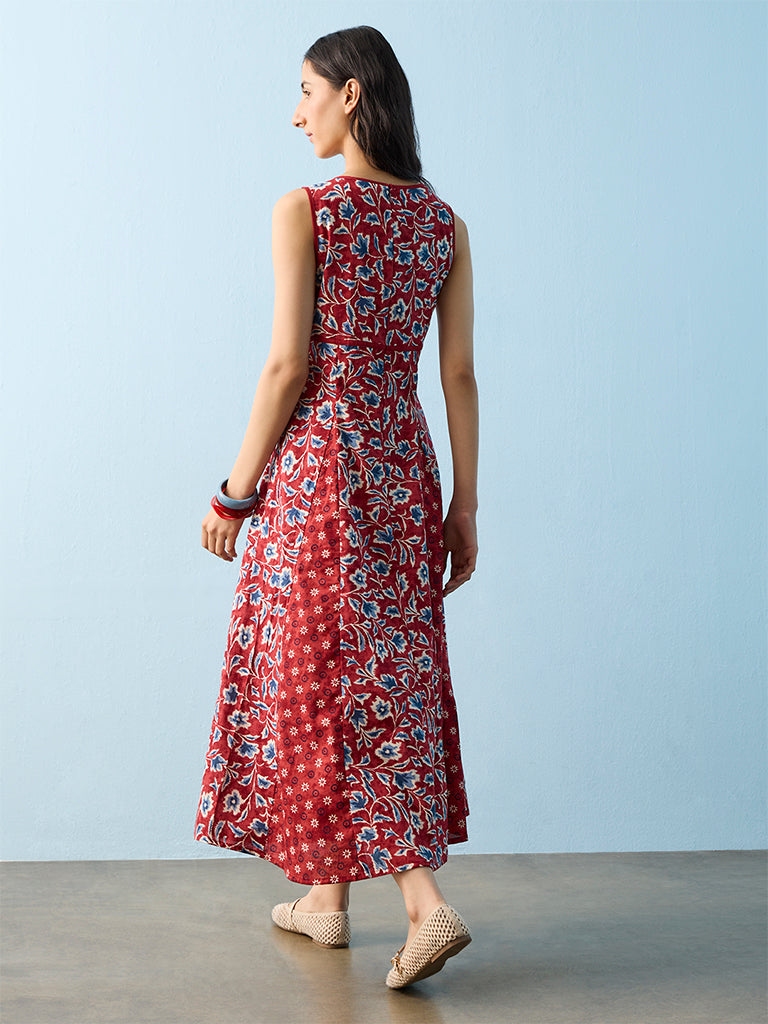 Bombay Paisley Red Botanical Printed Cotton-Blend A-Line Dress