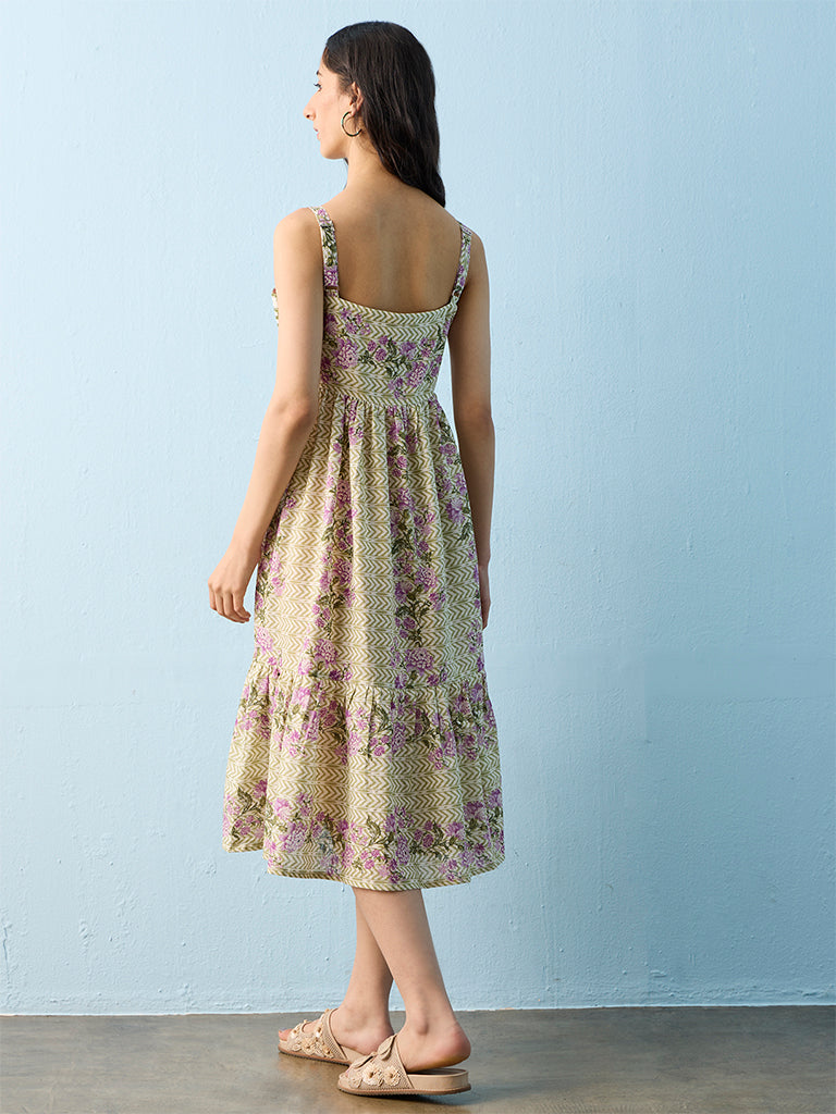 Bombay Paisley Multicolour Floral Design Cotton A-Line Dress