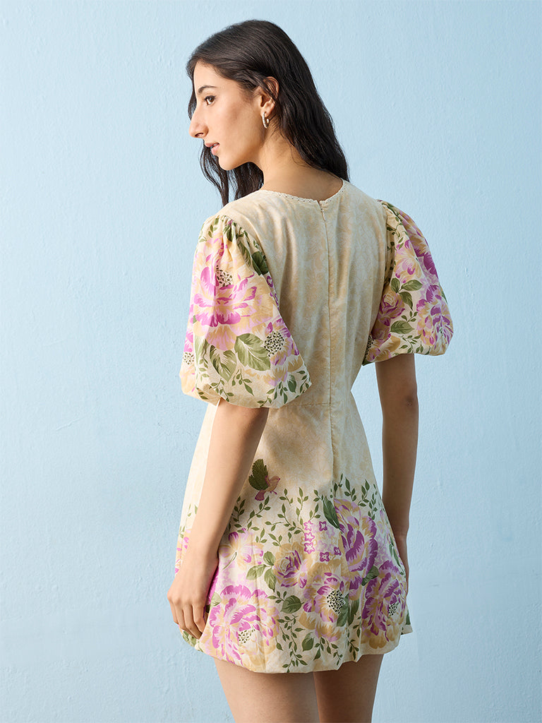 Bombay Paisley Light Yellow Floral Pattern Cotton A-Line Dress