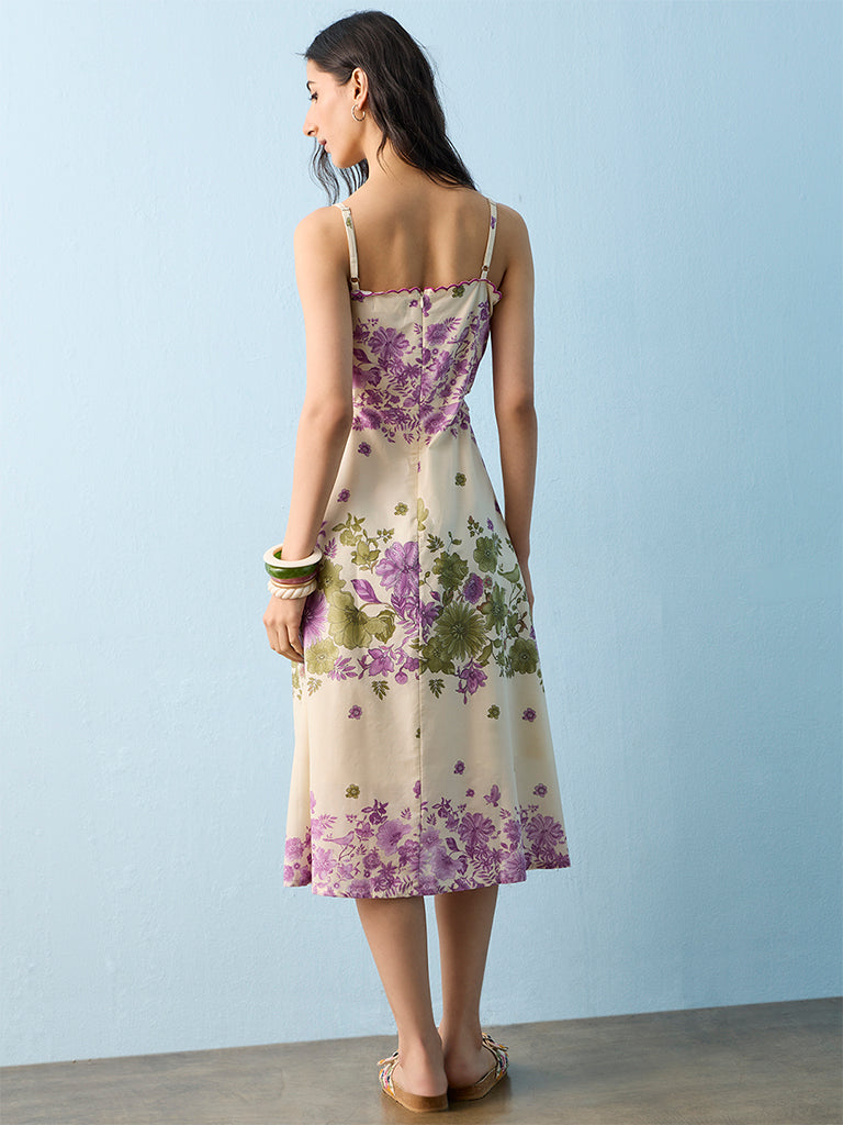 Bombay Paisley Off-White Floral Printed A-Line Cotton Dress