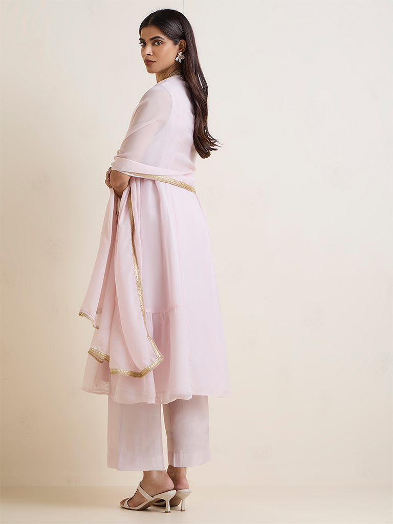 Vark Light Pink Floral Embroidered A-Line Ethnic Set