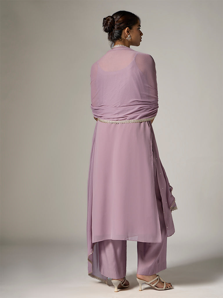 Vark Purple Floral Embroidered A-Line Ethnic Set