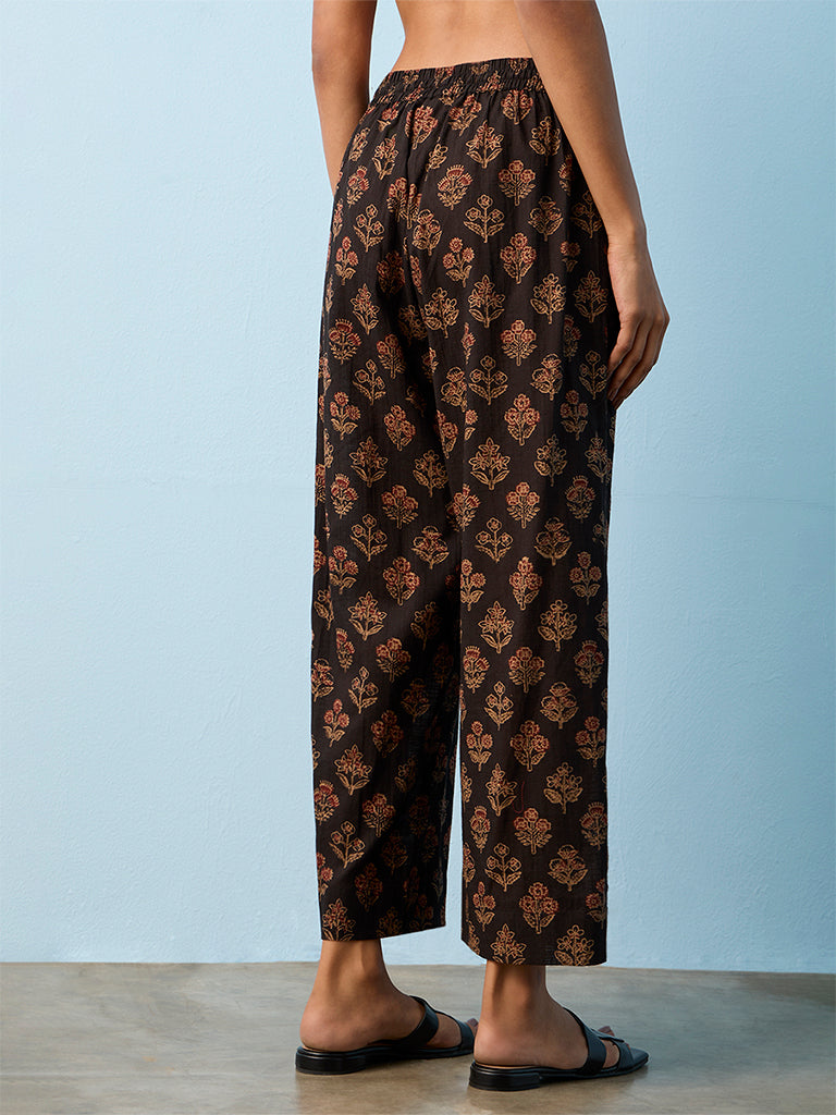 Utsa Brown Floral Printed Cotton Pants