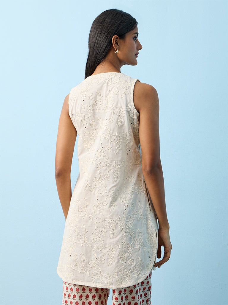 Utsa Off-White Floral Embroidered Cotton Kurti
