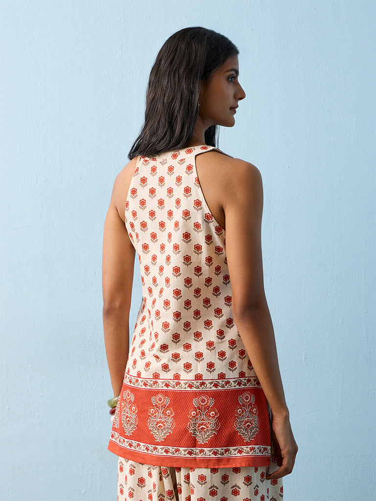 Utsa White Floral Printed Cotton-Blend Kurti