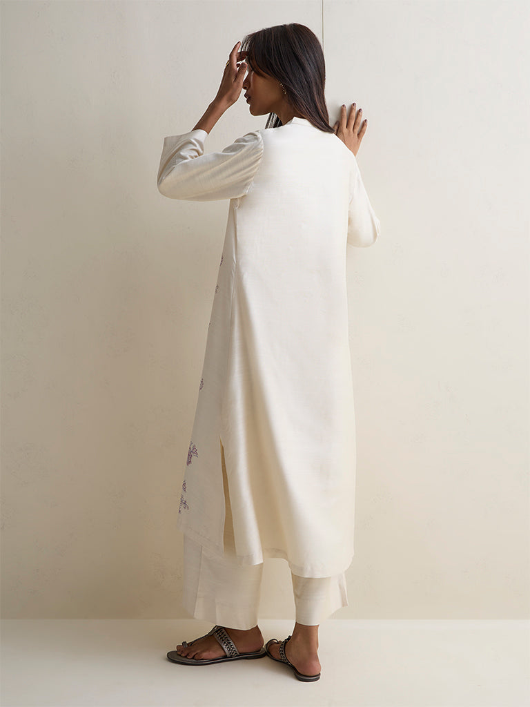 Zuba Light Beige Floral Pattern A-Line Kurta