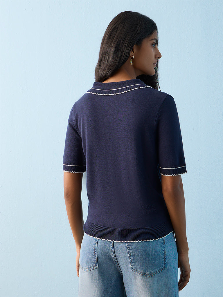 LOV Navy Contrast Detailed T-Shirt