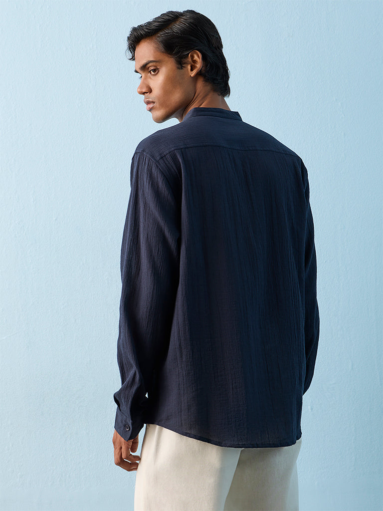 ETA Navy Textured Relaxed-Fit Cotton Shirt