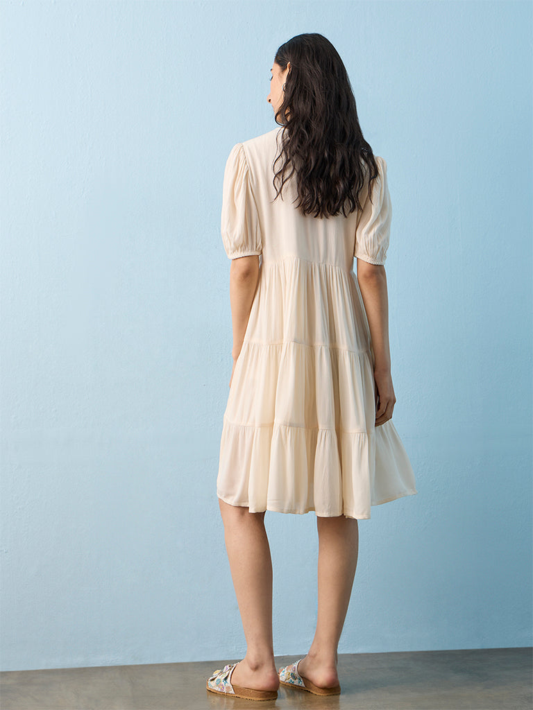 Bombay Paisley Off-White Floral Embroidered Tiered Dress