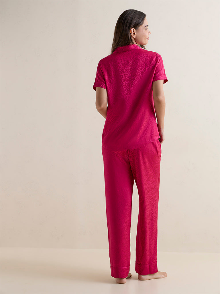 Wunderlove Fuchsia Jacquard Satin Shirt and Pyjamas Set