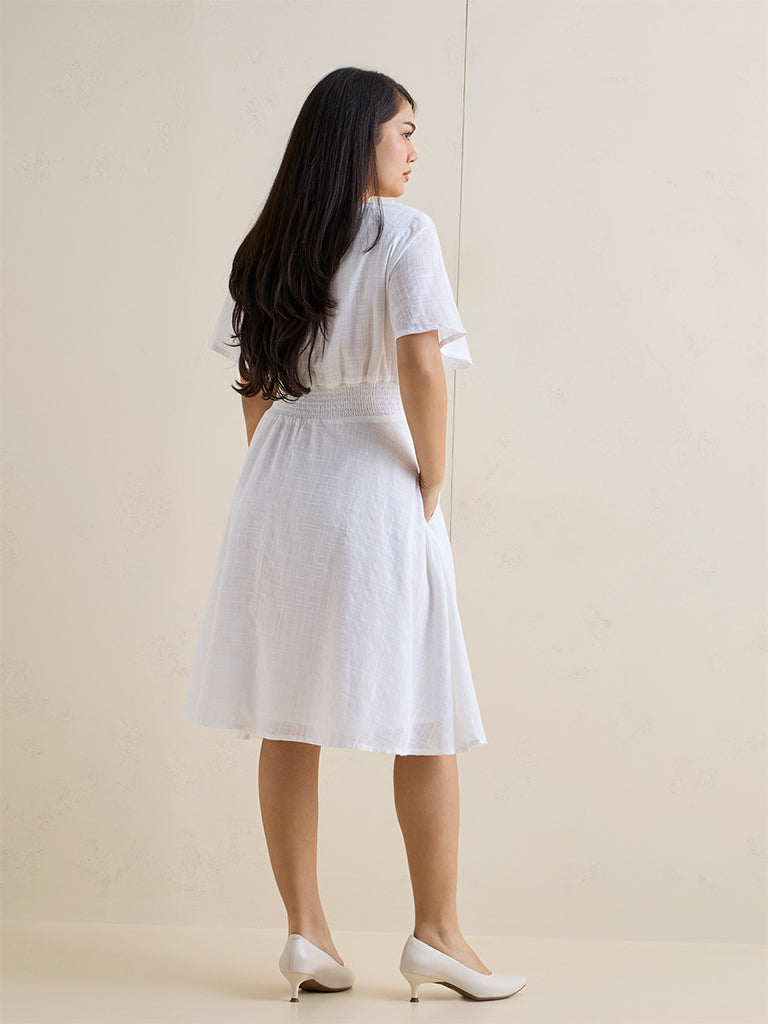 Gia White Solid Cotton-Blend A-Line Dress