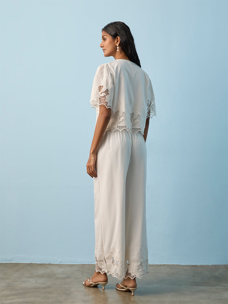 LOV White Floral Embroidered High-Rise Cotton Pants