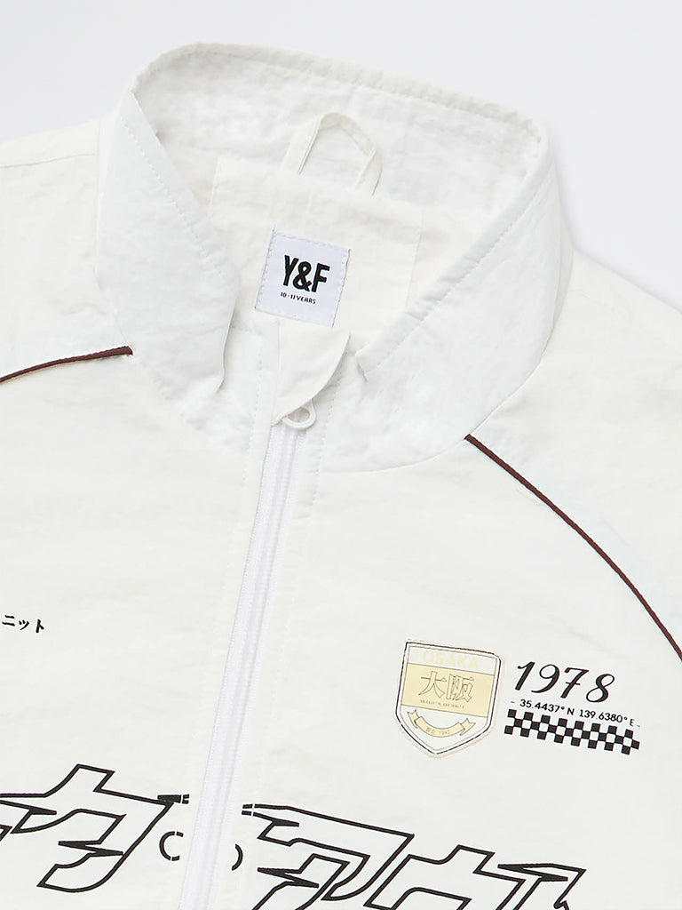 Boys White Japanese Text-Printed Jacket