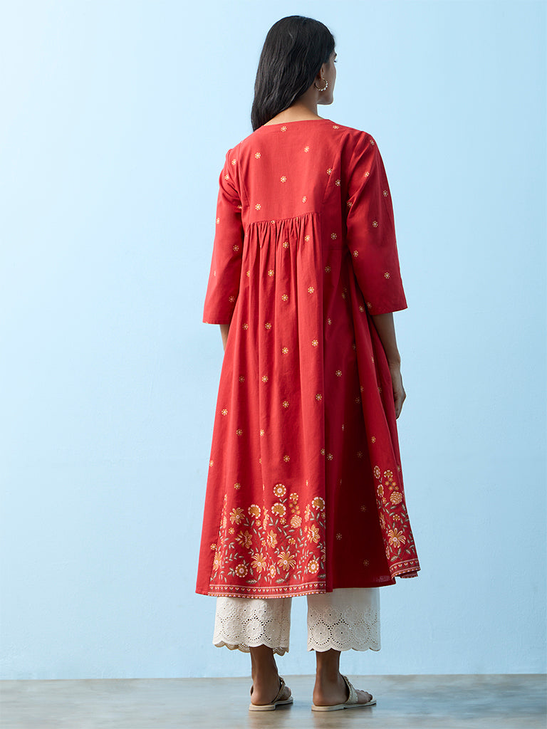 Utsa Red Floral Embroidered Cotton Anarkali Kurta