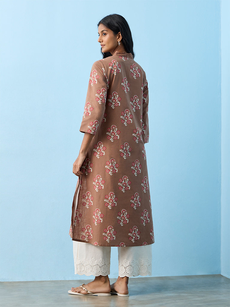 Utsa Light Brown Floral Printed Cotton A-Line Kurta